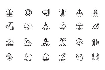 Beach and summer vacation icons: vector illustrations for coastal, relaxation, and travel design