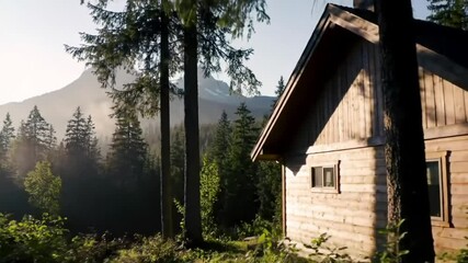 A peaceful wooden cabin nestled in a lush forest, surrounded by tall trees and misty mountain peaks. Early morning sunlight creates a warm, serene atmosphere, casting soft light and shadows across the - Powered by Adobe