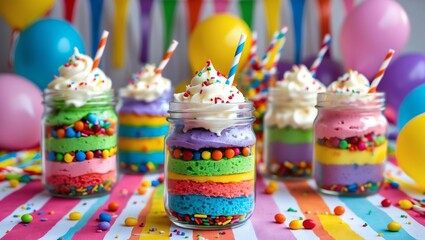 Colorful Layered Dessert Jars with Cream Topping for Festive Celebration