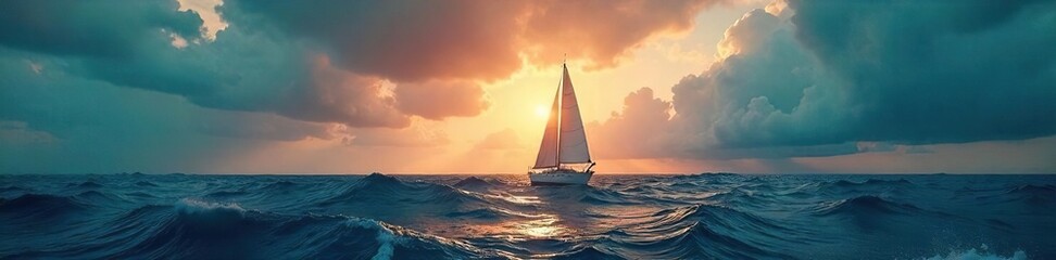 A lone sailboat navigates stormy seas under a dramatic sky, embodying the thrill and uncertainty of a brave adventure at sea , waves, ship, sail