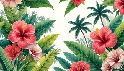 Colorful seamless floral pattern with tropical flowers and leaves, ideal for textile, wallpaper, packaging, and surface design.