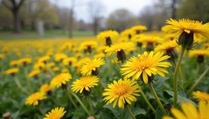 Obraz premium Field of vibrant yellow dandelions blooming on spring day