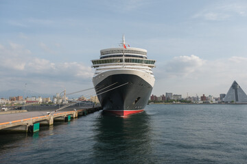 Classic ocean liner cruiseship cruise ship Elizabeth in port of Aomori, Japan with skyscraper...