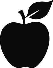 Solid black silhouette of a whole apple with a small stem and a single leaf,
