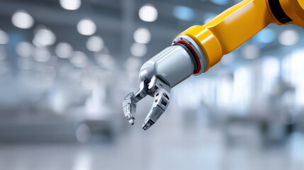 Robotic arm with metallic claw is prominently displayed modern industrial setting, showcasing advanced technology and precision engineering. background is blurred, emphasizing arm intricate design