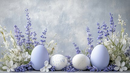 Pastel Easter Eggs with Lavender and Flowers, Spring Decor, Holiday Easter, Spring