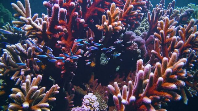 Underwater Paradise: vibrant coral reefs teeming with life in a mesmerizing underwater world, reflecting the stunning hues and rich biodiversity of ocean's treasures.