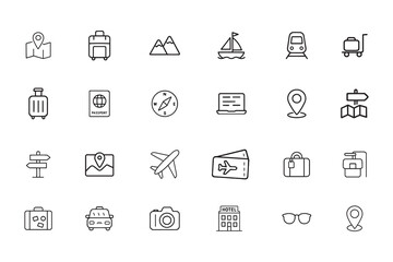 Travel and transportation icons vector illustrations for travel planning, navigation, and adventure design