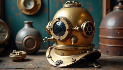 Fototapeta premium Vintage diving helmet on rustic wooden table