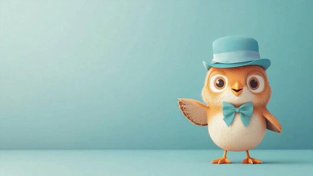 Cute cartoon owl wearing a blue top hat and bowtie, standing against a soft pastel background