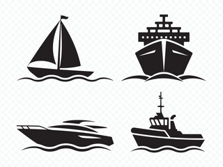 Cruise Yacht Sailboat and Tugboat Silhouettes Collection Vector
