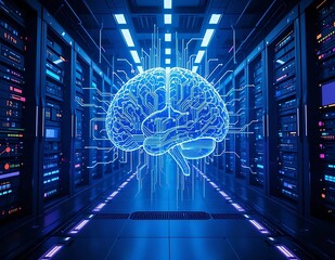 Glowing Digital Brain in Server Room – AI Generated Data Intelligence