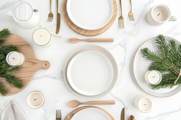 Minimalist Holiday Table Setting with Evergreen Accents