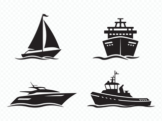 Vector Set of Boats Yacht Cruise and Sail Silhouettes
