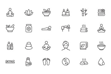 Spa and wellness line icon set yoga, massage, relaxation, and aromatherapy symbols