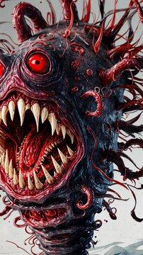Monstrous red-eyed virus with sharp teeth and tentacles. Scary microbe for bacteria and infection threat concept. vertical video