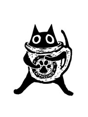 Cute black cat hugging a 'Catpuccino' cup, playful coffee art