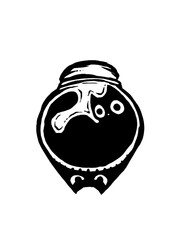 Mysterious black jar with a curious creature inside, abstract art