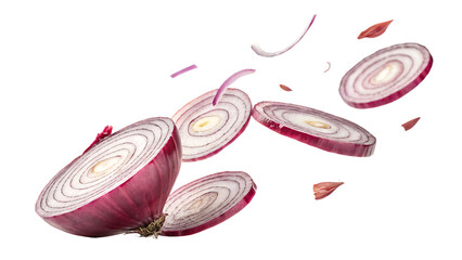 Fototapeta premium onion slices flying isolated on white background PNG. AI GENERATED 