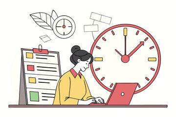 Cartoon illustration of a businessman's hand reaching for a clock on an office desk, symbolizing the concept that time is money in business and work success