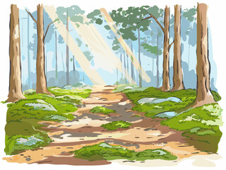 Naklejka premium Lush forest path illuminated by sunlight through tall trees 