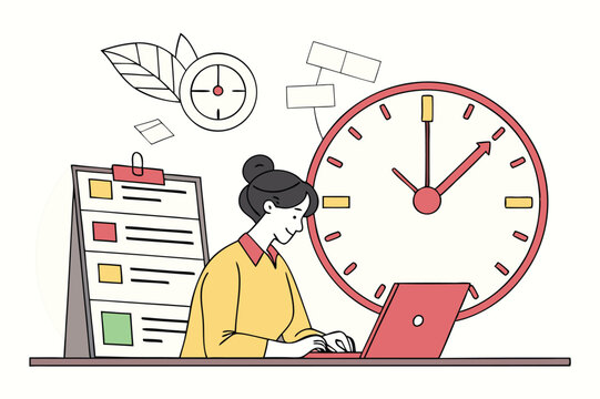 Cartoon illustration of a businessman's hand reaching for a clock on an office desk, symbolizing the concept that time is money in business and work success