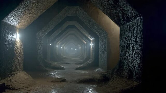 Endless tunnel stretches through remains of ancient civilization. Light flickers on stone walls built by ancient civilization. Ancient civilization built tunnels beneath entire world