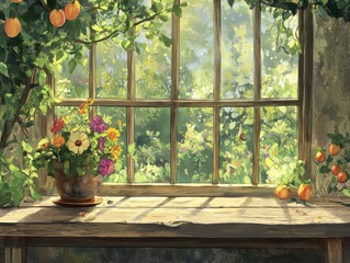 Sunlit Windowsill Still Life Flowers, Fruits, Garden View, Digital Painting, Floral Still Life Windowsill, Still Life