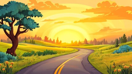 Sunset Road Winding Path, Golden Hour Landscape, Art, Countryside Scenery Country road, digital art