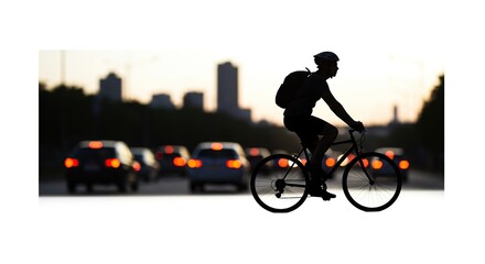 Fototapeta premium Commuter Cyclist Silhouette Against a Blurry City Traffic Background at Dusk, Highlighting Urban Mobility and Sustainable Transport.