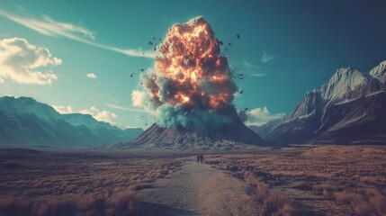Volcanic Eruption Landscape Mountain Explosion, Dramatic Sky, 3D Render, Volcano, Explosion