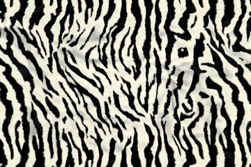 White tiger skin texture with copy space. Close-up white tiger pattern. Big Cat fur. Tiger stripes. Realistic white tiger skin. White tiger design texture. Detailed white tiger skin close-up. 
