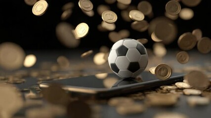Soccer Ball on the Smartphone Surrounded by Gold Coins: A modern, dynamic shot that captures the essence of digital sports betting or financial speculation. The soccer ball poised on a smartphone. - Powered by Adobe