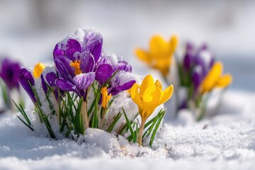 Vibrant Crocuses Emerging from Snow Symbolizing Spring s Arrival and Resilience