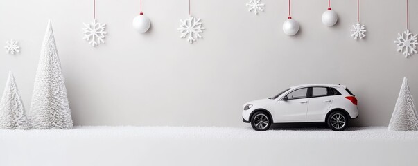 White Christmas Car Scene Snow, Ornaments and Trees, Holiday Gift ,Winter Vehicle