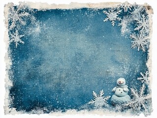 Winter Wonderland Blue Grunge Background with Snowman and Snowflakes, winter, christmas