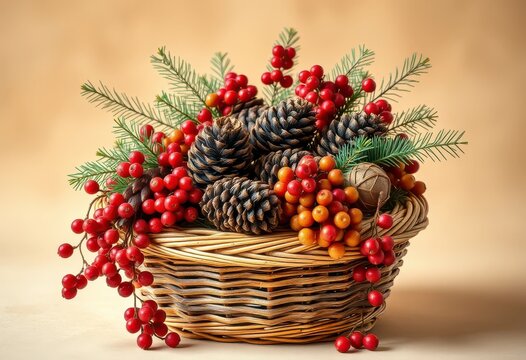 A rustic woven basket overflowing with the bounty of autumn, adorned with rich red berries, earthy pine cones, and sprigs of evergreen, creating a festive and inviting centerpiece