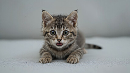 Obraz premium Cute tabby kitten meowing on white background