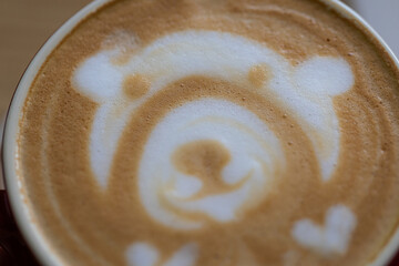 Close-up of Cute Bear Latte Art in Coffee Cup