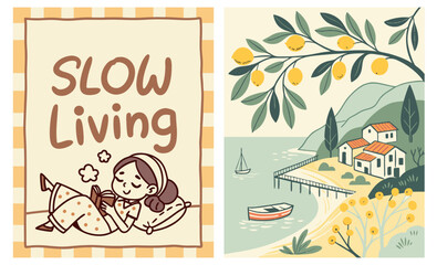 Set of naive style vector illustrations featuring "Slow Living" and a serene coastal scene for poster, placard or print