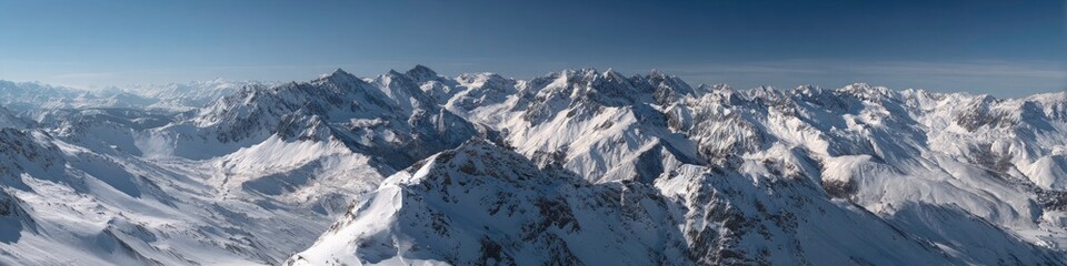 Panoramic View of Snow Capped Mountain Range on a Clear Day