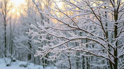 Obraz premium Ai generated image of snowladen branches glisten in the soft light of a winter forest, a serene and icy landscape