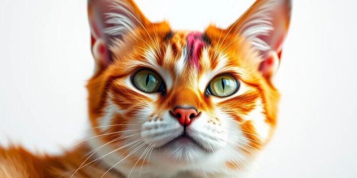 Close-up portrait of a ginger cat with striking green eyes and a hint of white fur, showcasing its adorable facial features and captivating gaze