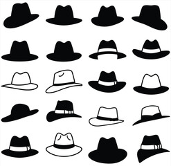 Elegant vector collection of classic fedora and trilby hats, featuring diverse silhouettes and outline designs. This illustration set is perfect for gentleman's fashion, vintage and lifestyle.