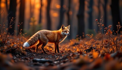 a captivating fox walking through the forest during twilight, using an amber and orange color palette, gentle shapes, textured scenery, calm feel, high resolution