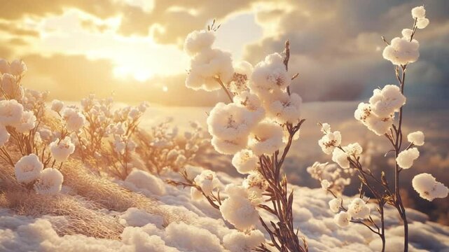 Golden hour bathes winter flora in ethereal light, creating tranquil snowscape at sunset