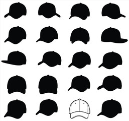 Stylish vector collection of baseball caps and snapbacks, featuring diverse silhouettes and outline designs. This illustration set is perfect for streetwear, sports, fashion, and urban apparel themes.