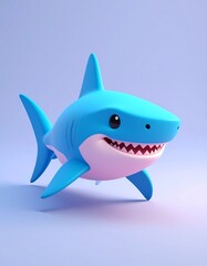 Obraz premium Adorable cartoon-style blue shark with big eyes and a wide smile, designed in a playful and friendly 3D look, perfect for kids or fun ocean-themed designs.