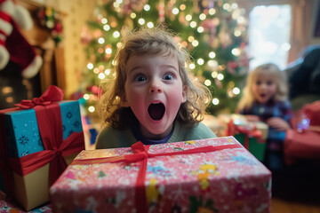 Happy family with smiling children celebrating Christmas at home with decorated tree and Christmas gifts