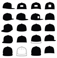 Stylish vector collection of baseball caps and snapbacks, featuring diverse silhouettes and outline designs. This illustration set is perfect for streetwear, sports, fashion, and urban apparel themes.